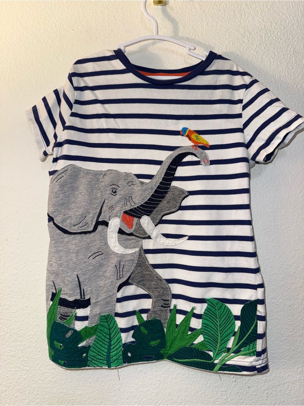 Mini Boden Navy & White Striped Tee with Elephant Appliqué